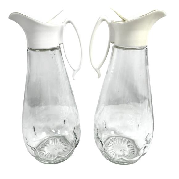 Log Cabin Vintage Glass Syrup Pitchers Flip Top Plastic Lids-Set of 2! - Picture 3 of 9